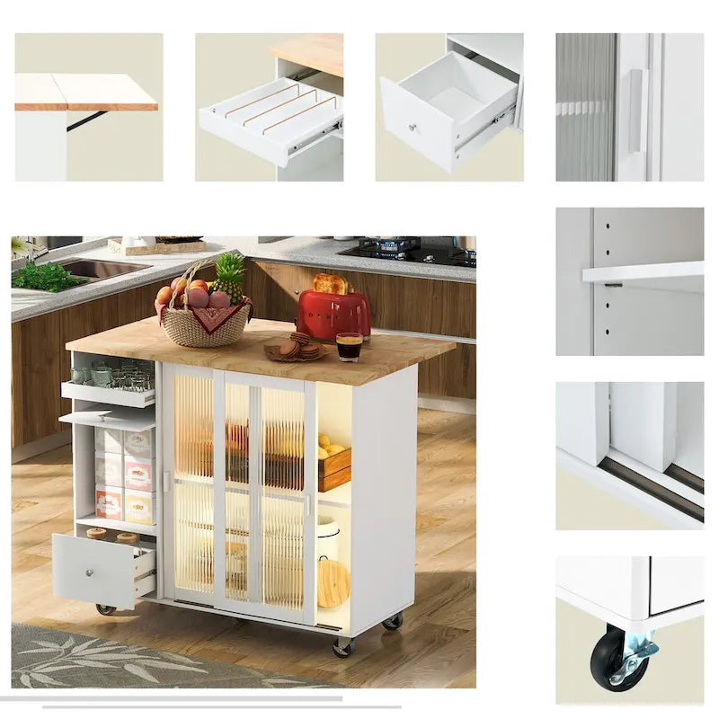 Kitchen Island with Drop Leaf Surface, LED Light, Fluted Glass Doors, Adjustable Shelf, Two Drawers, and Casters