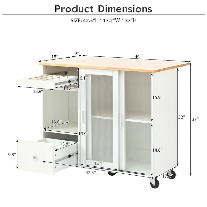 Kitchen Island with Drop Leaf Surface, LED Light, Fluted Glass Doors, Adjustable Shelf, Two Drawers, and Casters