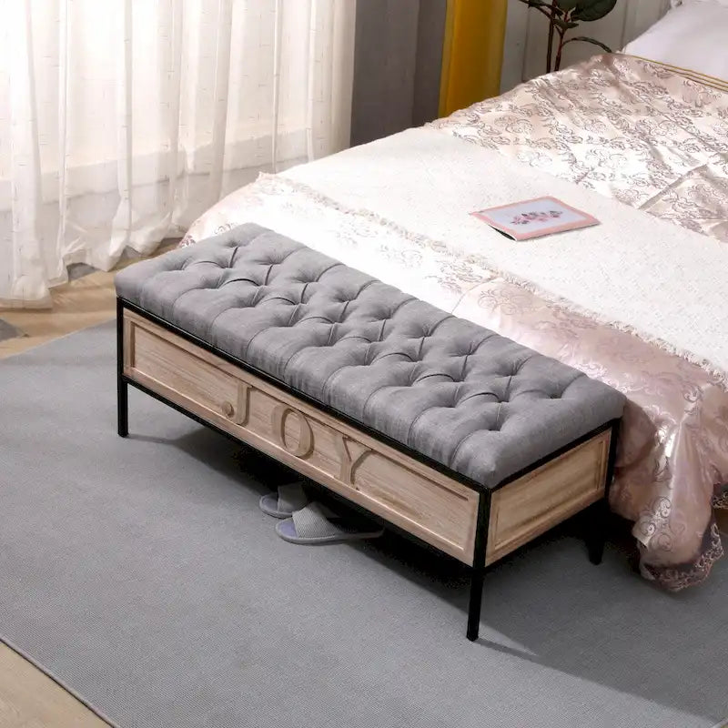 48 Linen Storage Bench: Button-Tufted, Wooden Ottoman for Bedroom, Living Room
