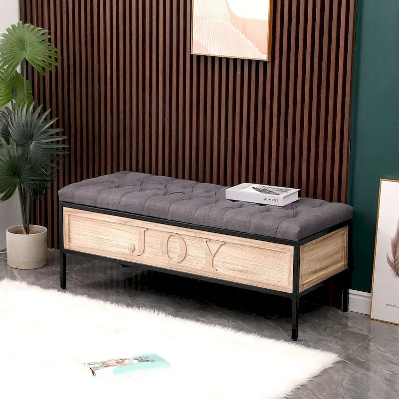 48 Linen Storage Bench: Button-Tufted, Wooden Ottoman for Bedroom, Living Room