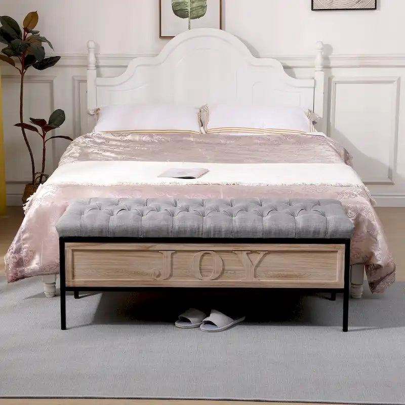 48 Linen Storage Bench: Button-Tufted, Wooden Ottoman for Bedroom, Living Room