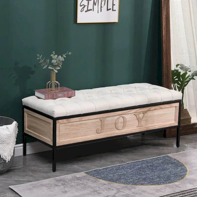 48 Linen Storage Bench: Button-Tufted, Wooden Ottoman for Bedroom, Living Room