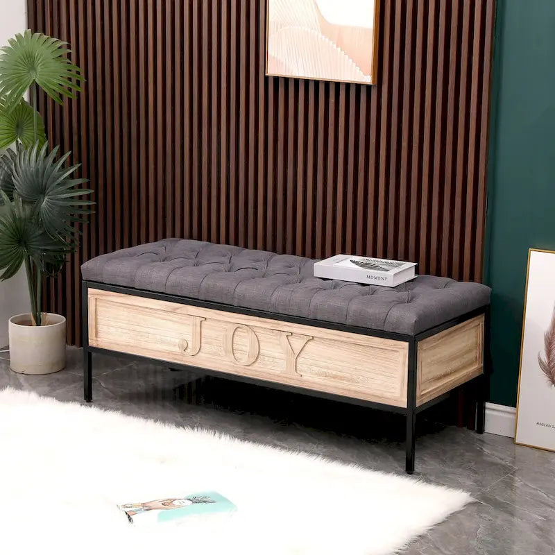 48 Linen Storage Bench: Button-Tufted, Wooden Ottoman for Bedroom, Living Room