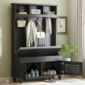 5-in-1 Entryway Bench with Shutter-shaped doors, Coat Rack, Cushion and 4 Sturdy Hooks, 47.2 Wide Hall Tree with Storage Bench