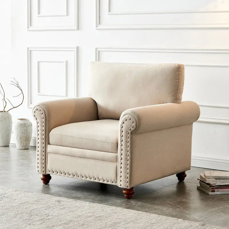 Linen Fabric Upholstered Sofa with Storage, 3-Seater Couch with Solid Wood Frame, Round Arms, and Removable Cushion Cover
