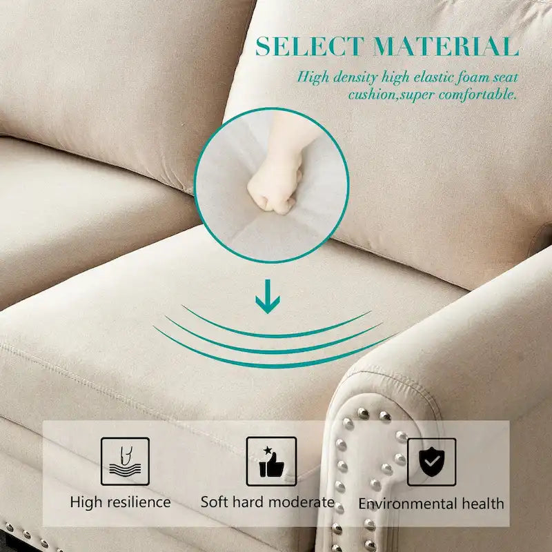Linen Fabric Upholstered Sofa with Storage, 3-Seater Couch with Solid Wood Frame, Round Arms, and Removable Cushion Cover