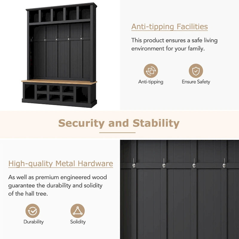 Hall Tree Hallway Storage Bench with Shoe Cubbies and Coat Rack with Hooks