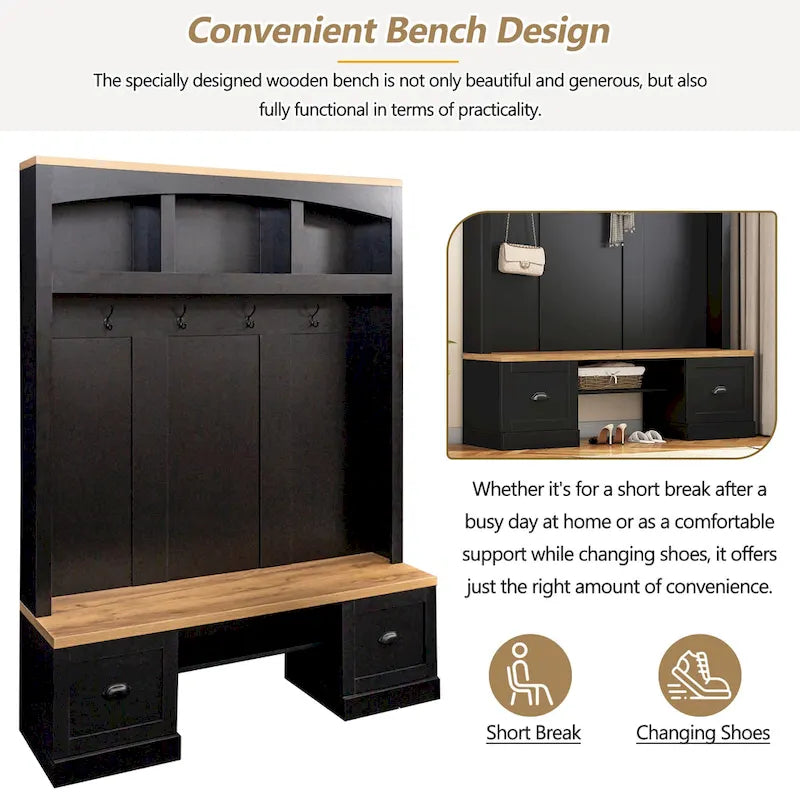 Hall Tree Hallway Storage Bench with Shoe Cubbies and Coat Rack with Hooks