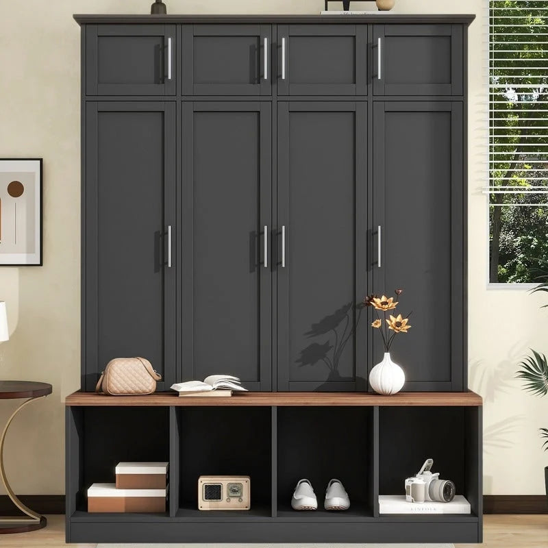 Hall Tree Hallway Storage Bench with Shoe Cubbies and Coat Rack with Hooks