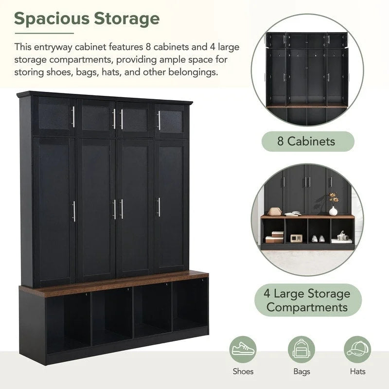 Hall Tree Hallway Storage Bench with Shoe Cubbies and Coat Rack with Hooks