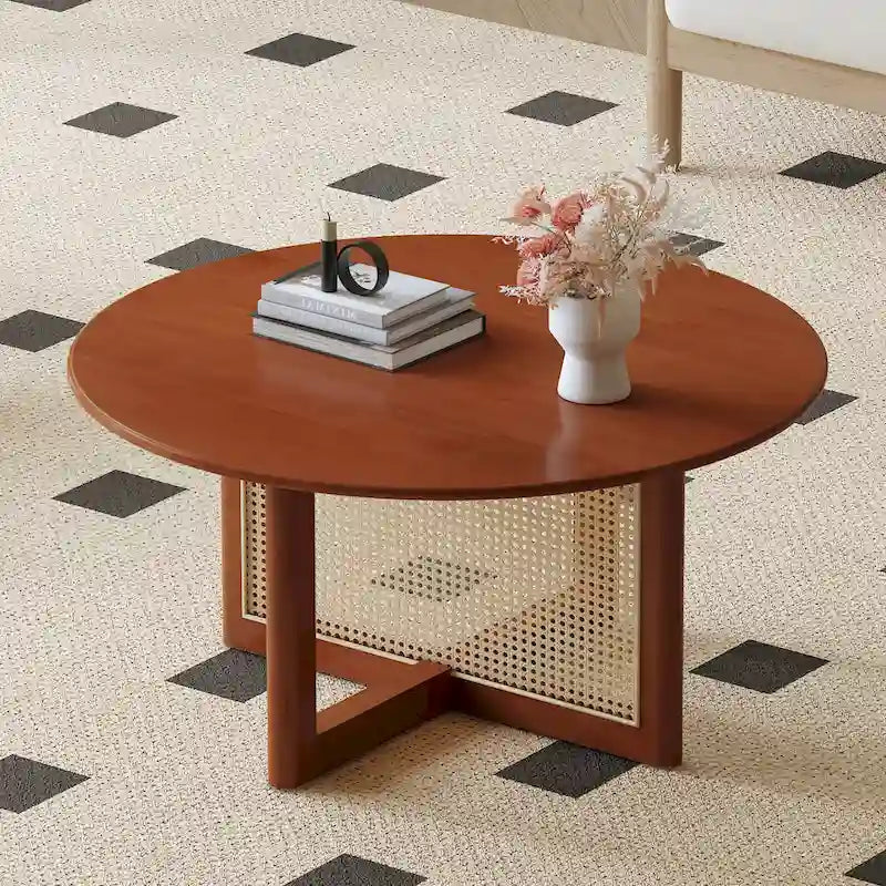 wooden coffee table with faux rattan accents