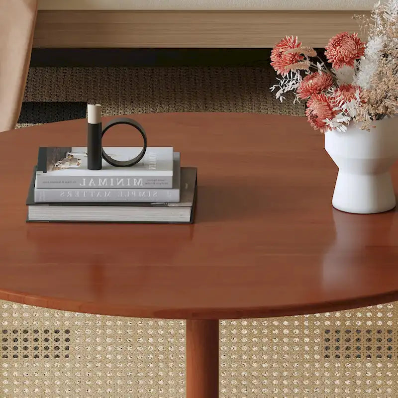 wooden coffee table with faux rattan accents