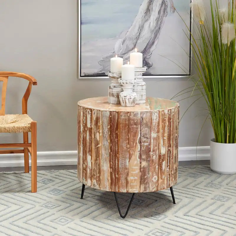 Mango Wood Handmade Distressed Coffee Table or Accent Table with Black Metal Hairpin Legs - Brown - Roche River Decor