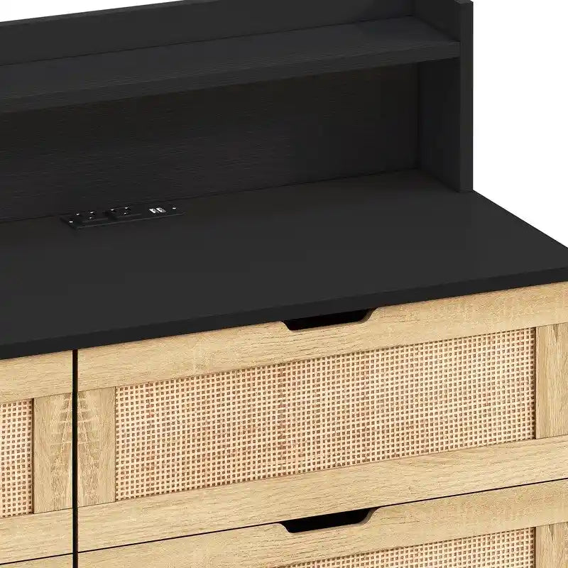 Grondin Bohemian Style 6 Rattan Drawers Sideboard Buffet Kitchen Storage Cabinet with Adjustable LED Lights and Power Outlet