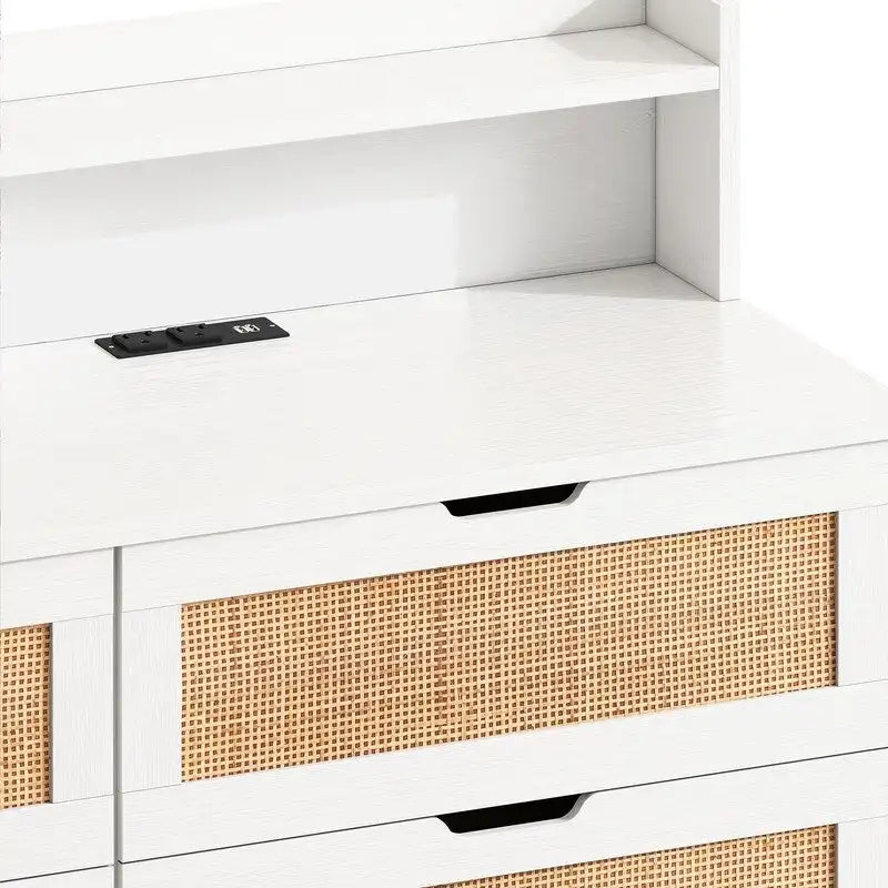 Grondin Bohemian Style 6 Rattan Drawers Sideboard Buffet Kitchen Storage Cabinet with Adjustable LED Lights and Power Outlet