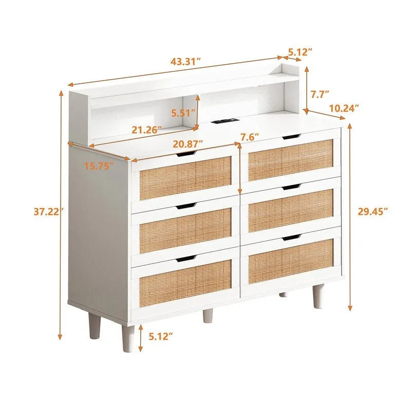 Grondin Bohemian Style 6 Rattan Drawers Sideboard Buffet Kitchen Storage Cabinet with Adjustable LED Lights and Power Outlet