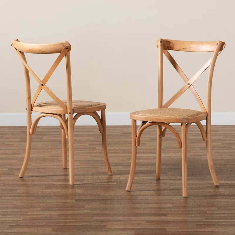 Tartan Mid-Century Woven Rattan Dining Chair Set (2PC)-Natural Brown