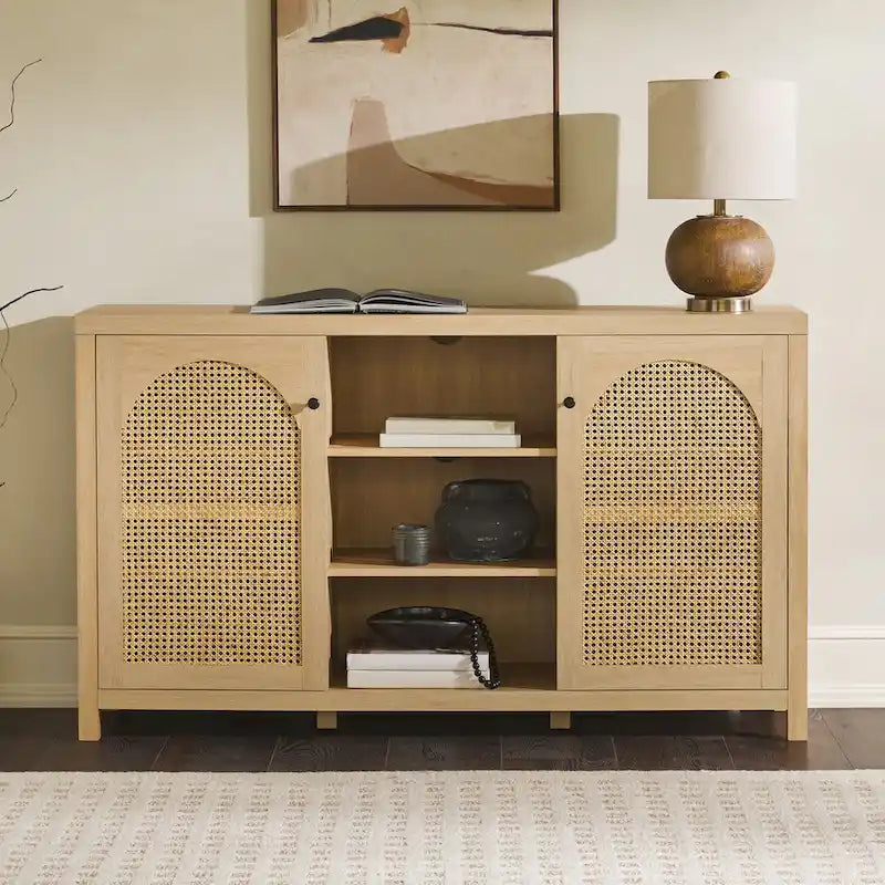 Transitional 58 2-Door Sideboard with Arched Rattan Panels for Living Room, Bedroom and Office