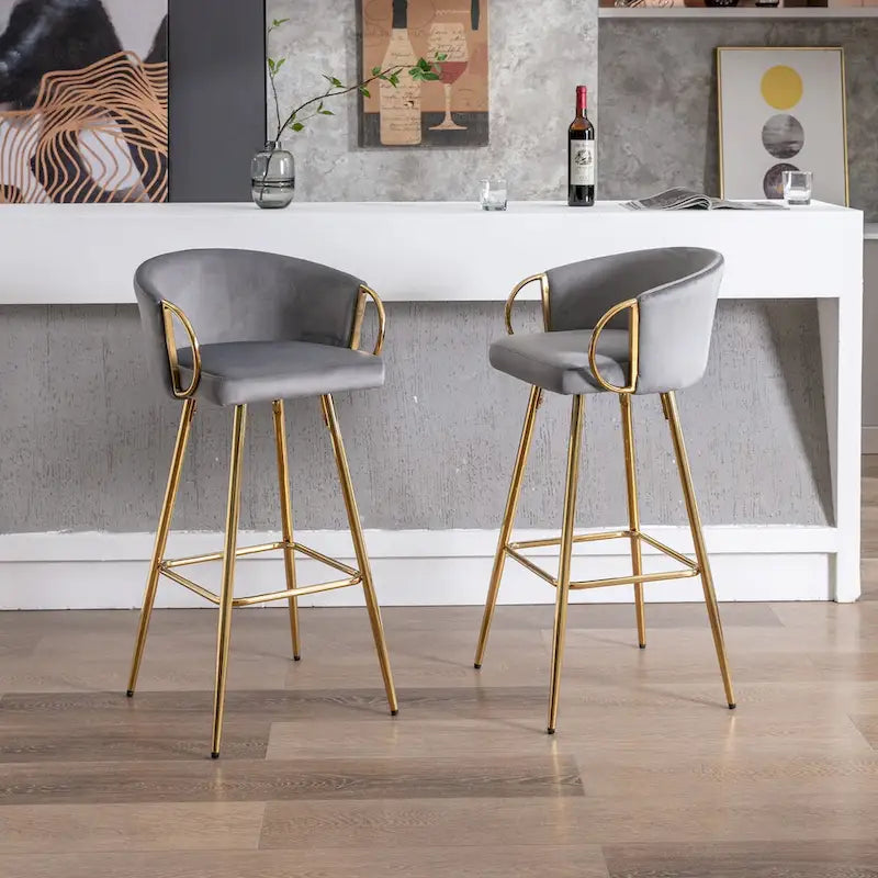 26 Inch Set of 2 Bar Stools,with Chrome Footrest and Base Velvet + Golden Leg Simple Bar Stool,GRAY