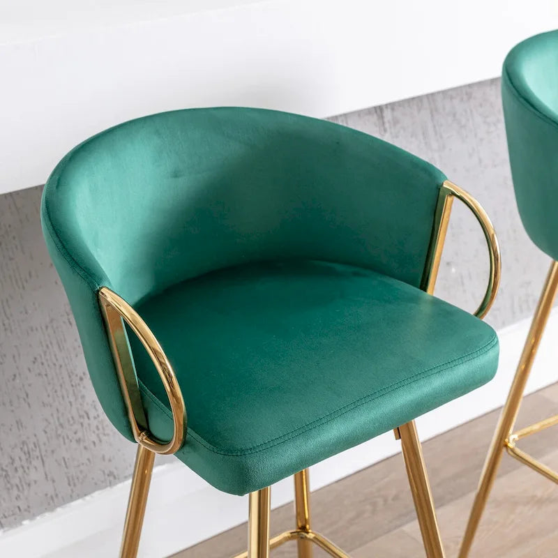 26 Inch Set of 2 Bar Stools,with Chrome Footrest and Base Velvet + Golden Leg Simple Bar Stool,GRAY