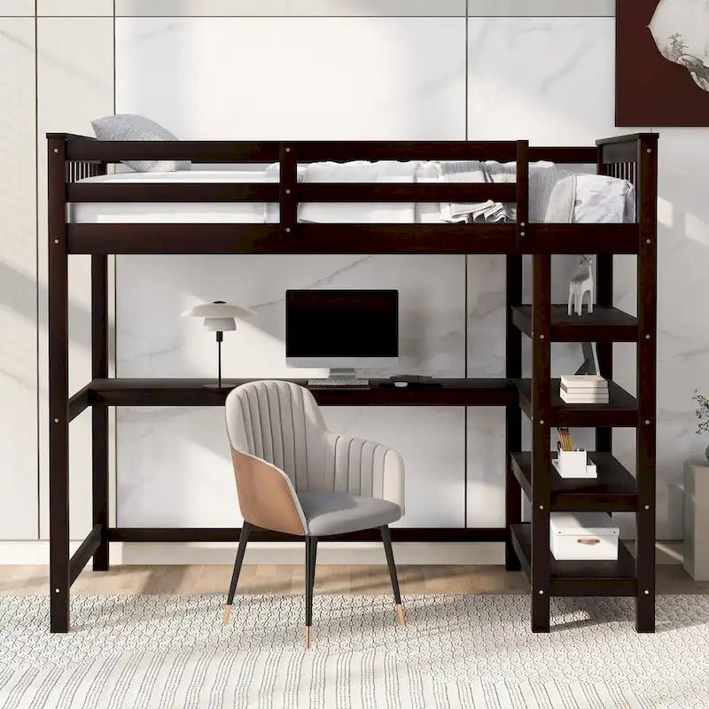 Twin Size Pine Loft Bed with Storage Shelves and Under-Bed Desk