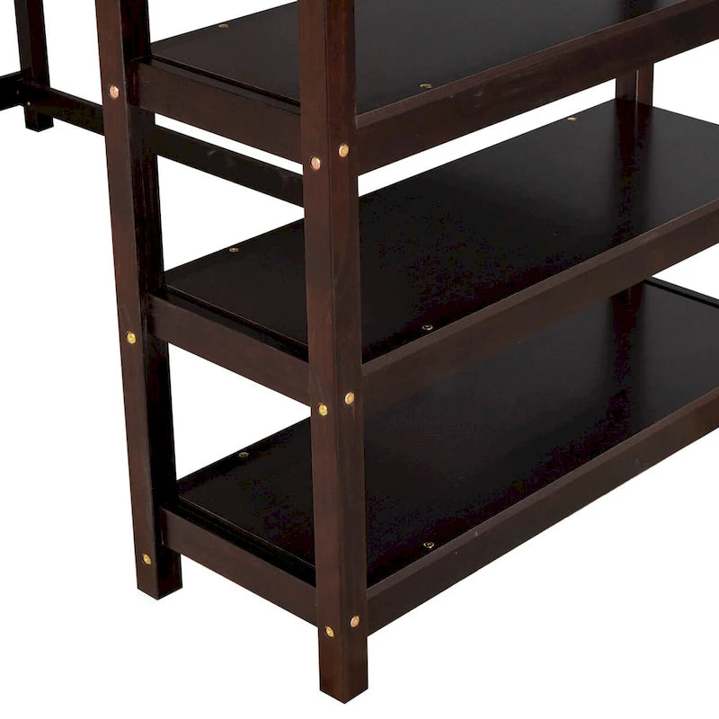 Twin Size Pine Loft Bed with Storage Shelves and Under-Bed Desk