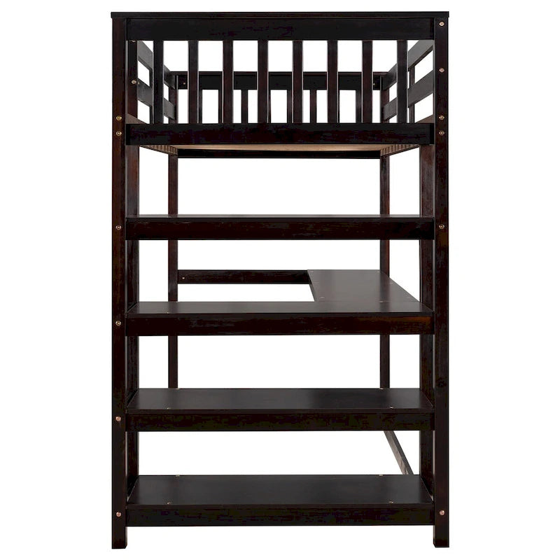 Twin Size Pine Loft Bed with Storage Shelves and Under-Bed Desk