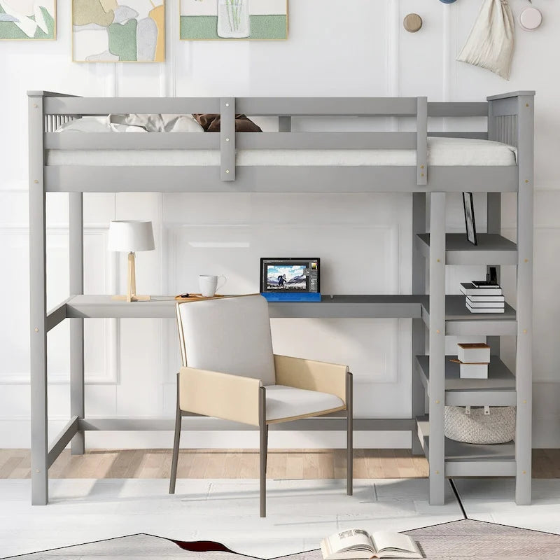 Twin Size Pine Loft Bed with Storage Shelves and Under-Bed Desk