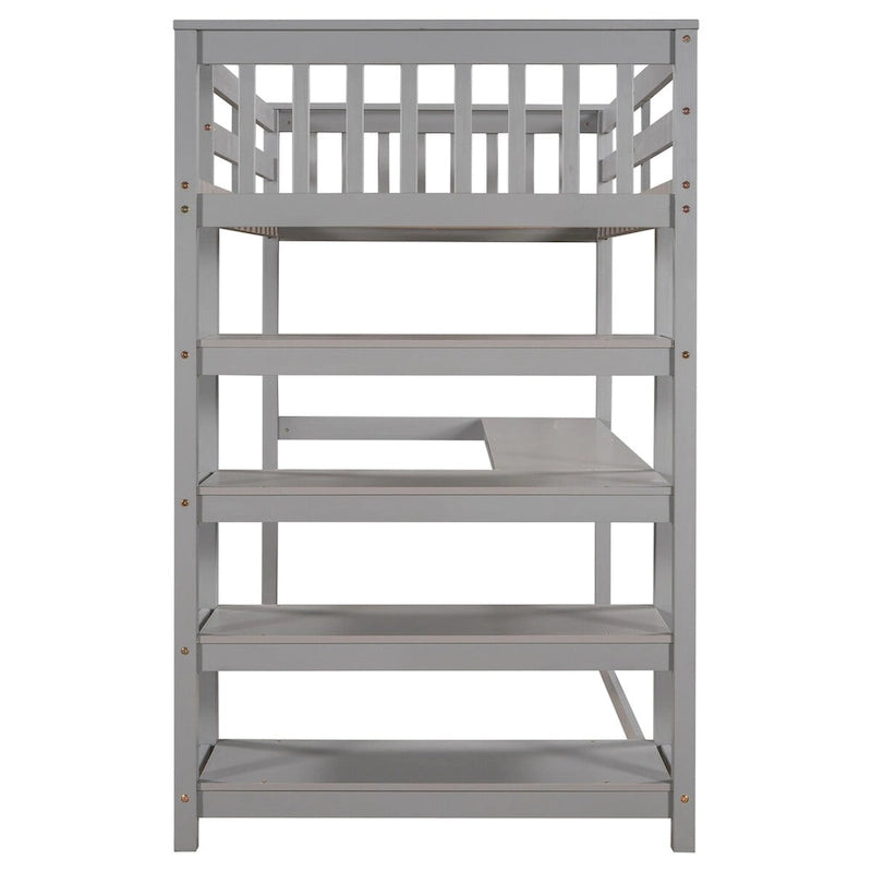 Twin Size Pine Loft Bed with Storage Shelves and Under-Bed Desk