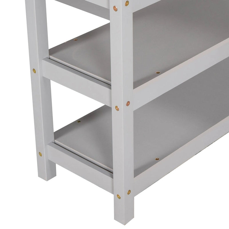 Twin Size Pine Loft Bed with Storage Shelves and Under-Bed Desk