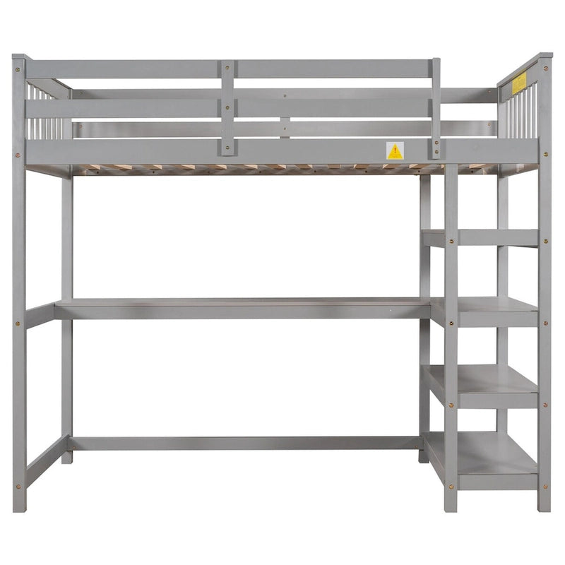 Twin Size Pine Loft Bed with Storage Shelves and Under-Bed Desk