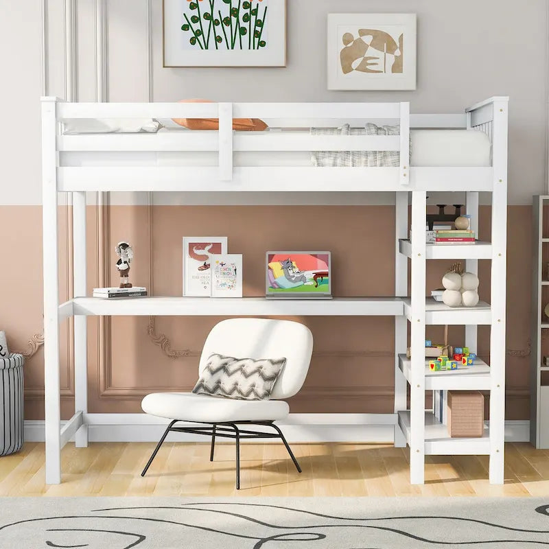 Twin Size Pine Loft Bed with Storage Shelves and Under-Bed Desk