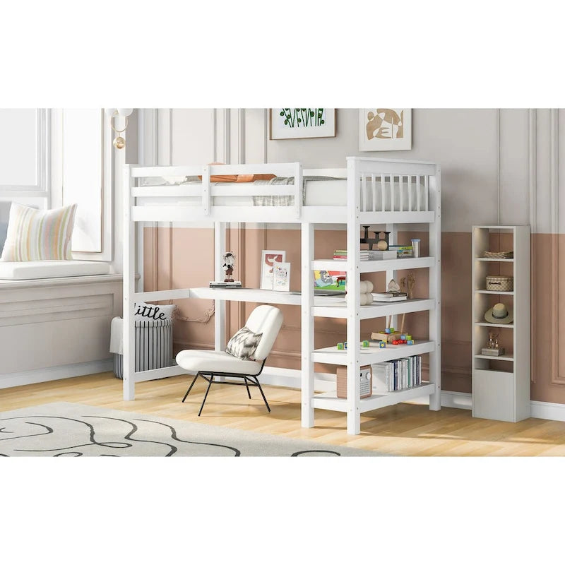 Twin Size Pine Loft Bed with Storage Shelves and Under-Bed Desk