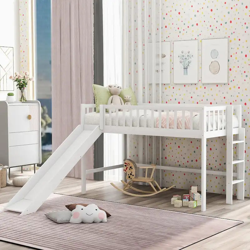 Low Loft Bed with Ladder and Slide