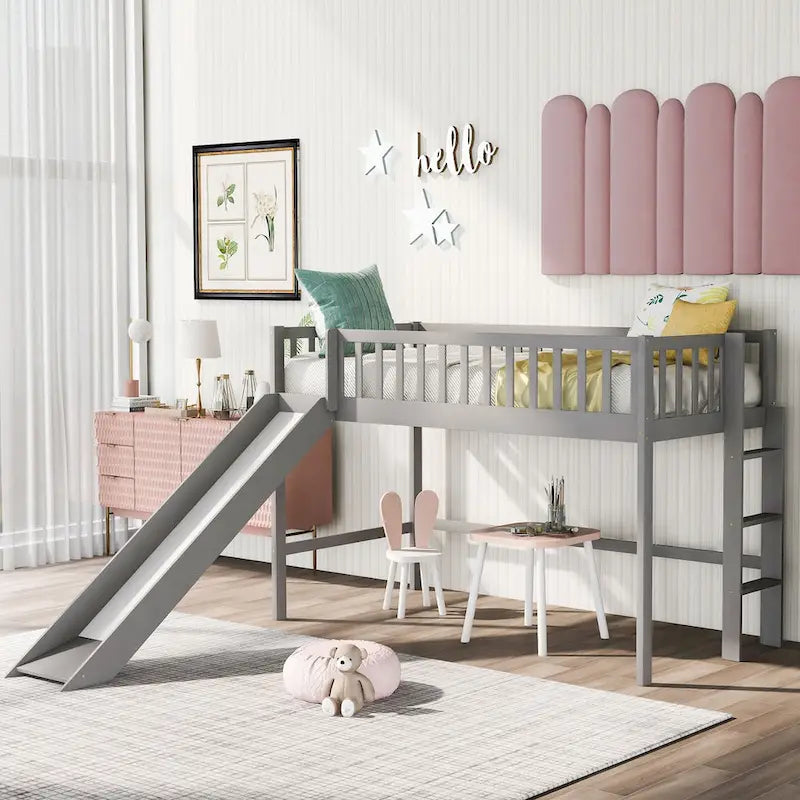 Low Loft Bed with Ladder and Slide