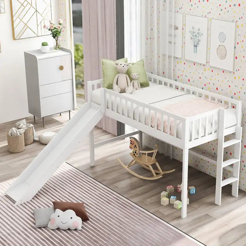 Low Loft Bed with Ladder and Slide