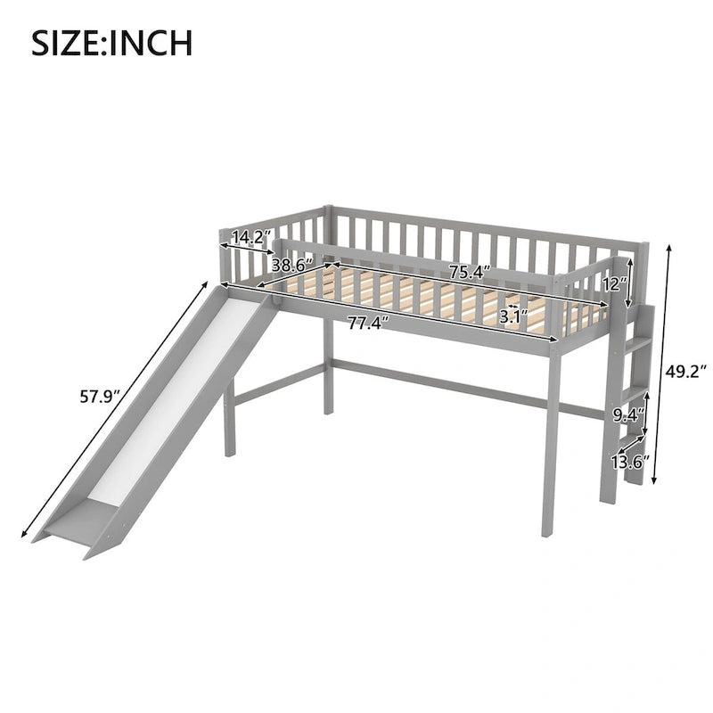 Low Loft Bed with Ladder and Slide