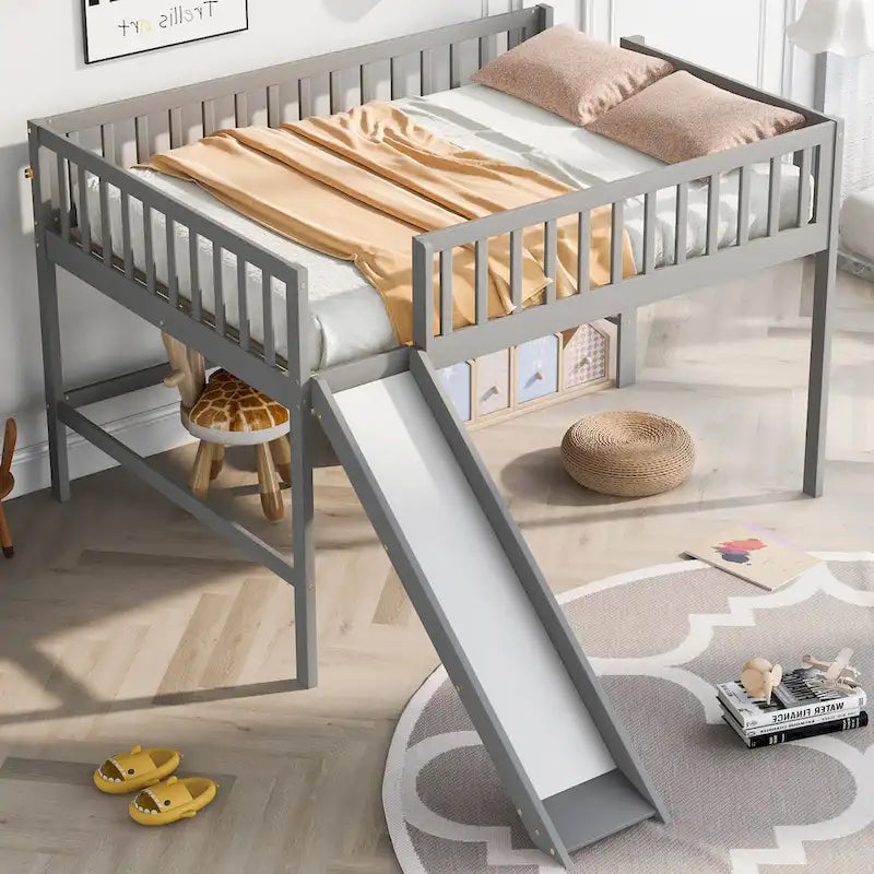Low Loft Bed with Ladder and Slide