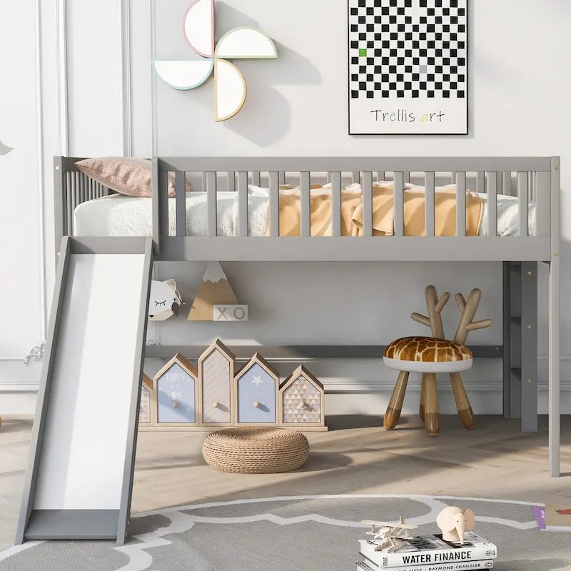 Low Loft Bed with Ladder and Slide