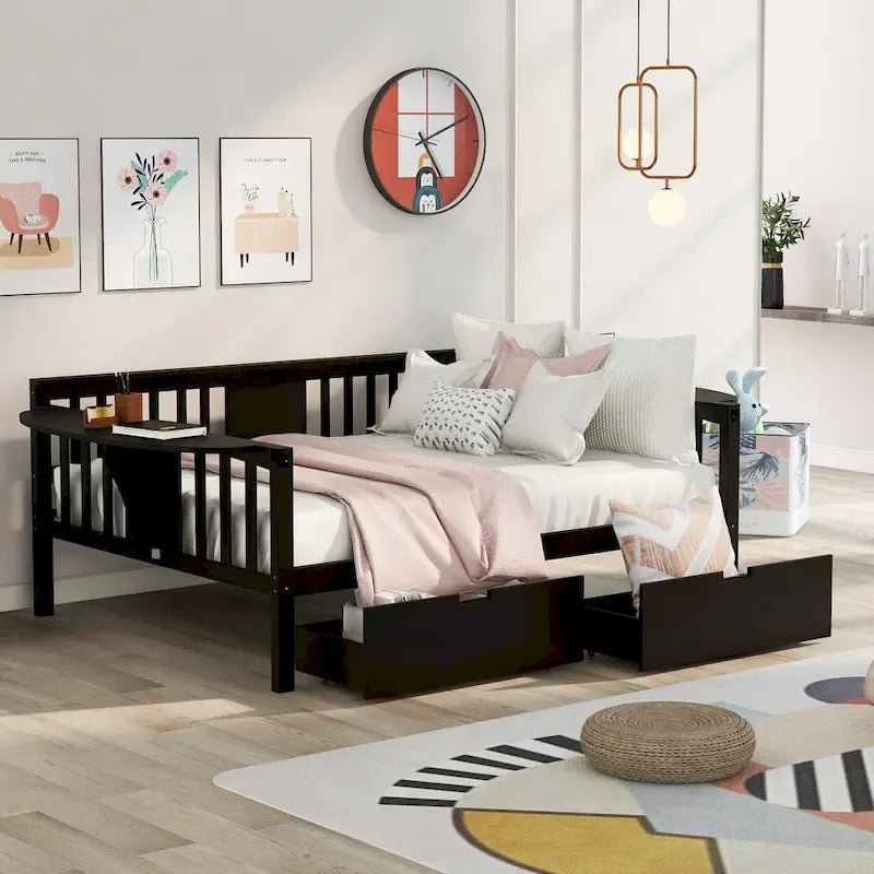Full-size Daybed Sofa Bed with Two Drawers, Handrails, and Wood Slat Support