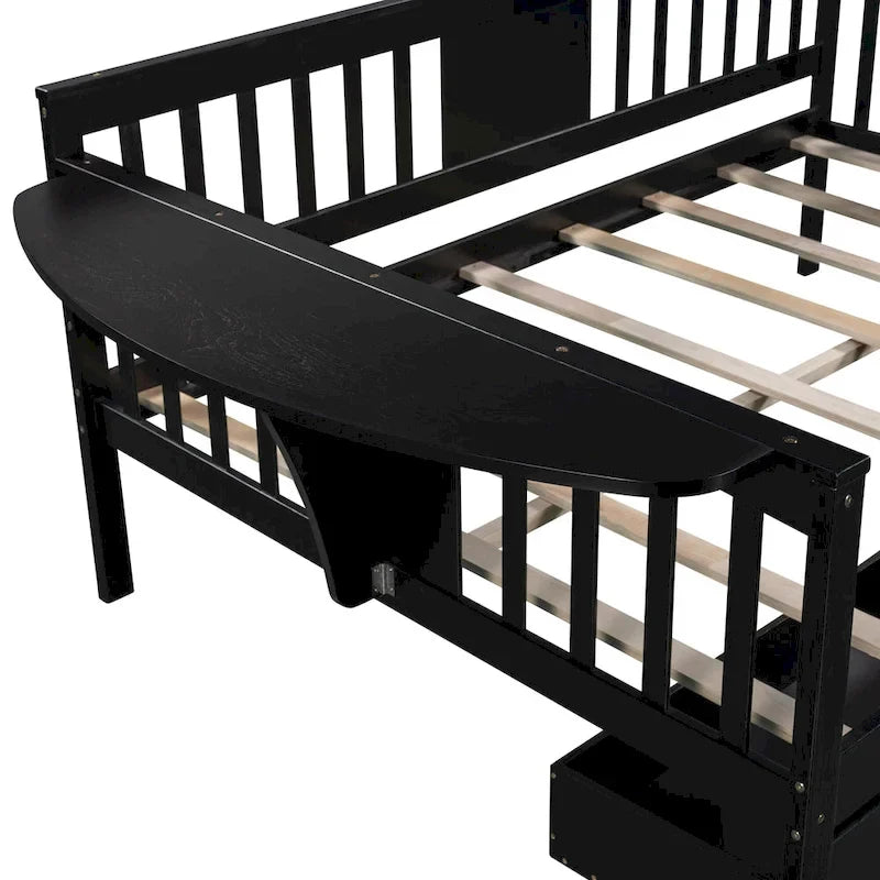 Full-size Daybed Sofa Bed with Two Drawers, Handrails, and Wood Slat Support
