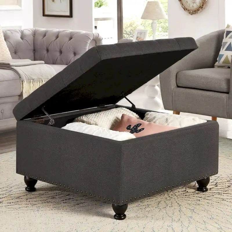 Large Square Storage Ottoman Upholstered Button Tufted Coffee Table - 30W x 30D x 18H.