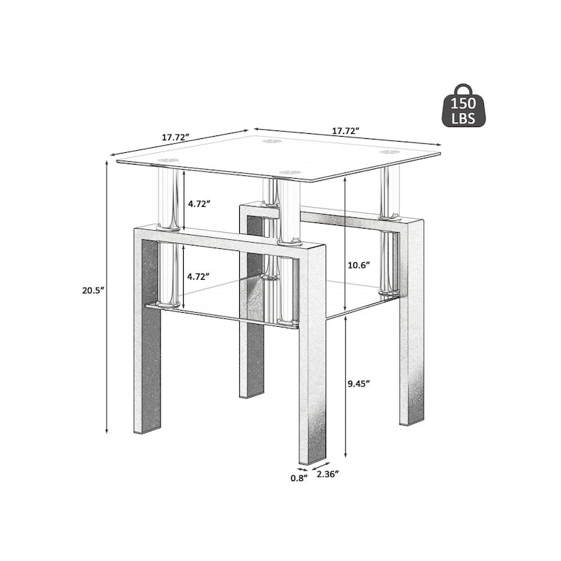 Modern Tempered Glass Tea Table Coffee Table End Table Square Table - 17.72L x 17.72 W x 20.5 H,