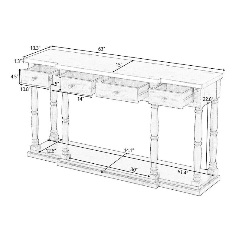 Retro Senior Console Table for Hallway Living Room Bedroom with 4 Storage Drawers and 1 Shelf