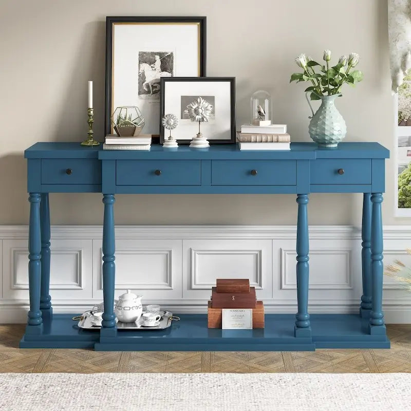 Retro Senior Console Table for Hallway Living Room Bedroom with 4 Storage Drawers and 1 Shelf