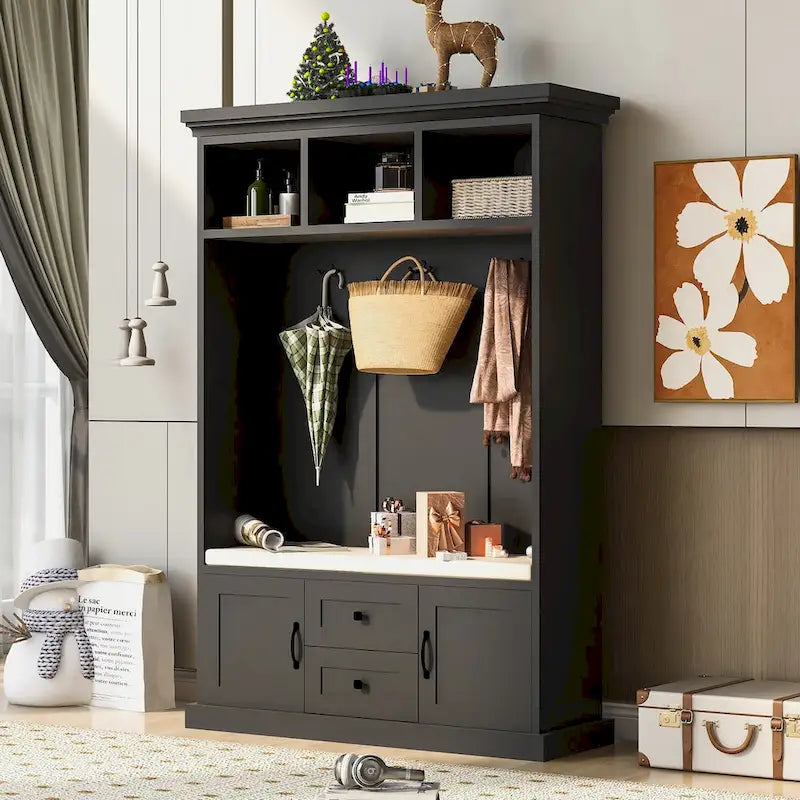 Hall Tree with 3 Hooks , Coat Hanger, Entryway Bench, Storage Bench, 3-in-1 Design, 47.2INCH, for Entrance, Hallway (Black)