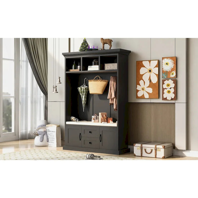 Hall Tree with 3 Hooks , Coat Hanger, Entryway Bench, Storage Bench, 3-in-1 Design, 47.2INCH, for Entrance, Hallway (Black)