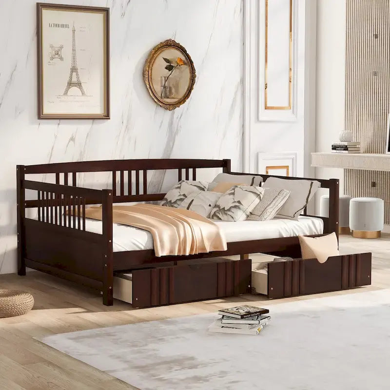 Full Size Wood Daybed, Sofa Bed, Equipped with Wooden Handrails and Two Drawers