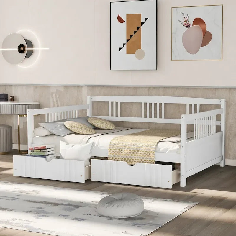 Full Size Wood Daybed, Sofa Bed, Equipped with Wooden Handrails and Two Drawers