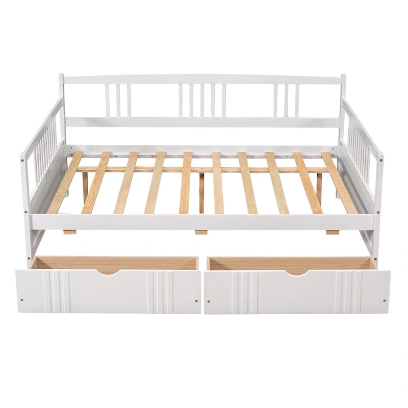 Full Size Wood Daybed, Sofa Bed, Equipped with Wooden Handrails and Two Drawers